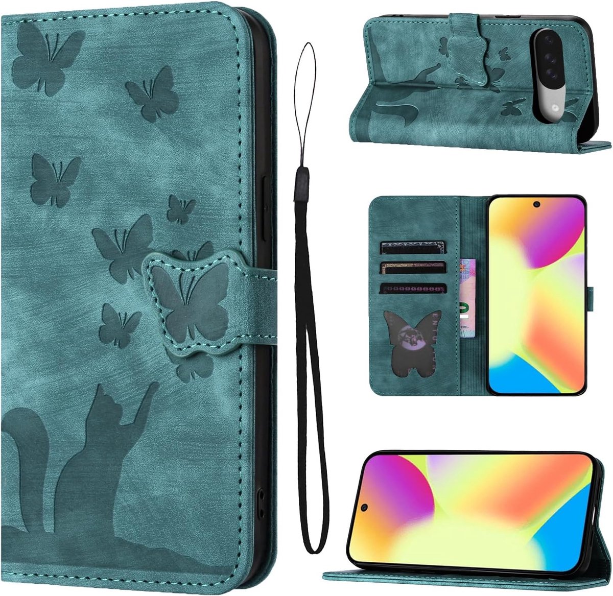 Hoes voor mobiele telefoon voor Google Pixel 10/Pixel 10 Pro/Pixel 9 6,3 inch, PU-leren vlinderkat, beschermhoes, hoesje met kaartsleuven, flip case standaard voor Google Pixel 10/Pixel 10 Pro
