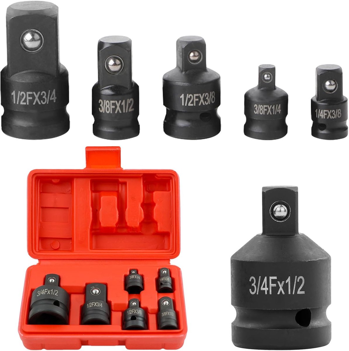 6 stuks zwarte dopsleuteladapterset, slagadapter-reduceerset, 1/4 inch naar 3/8 inch, 3/8 inch naar 1/2 inch, 3/4 inch naar 1/2 inch socketconverter, adapter, reducerset, voor bandservice, monteur