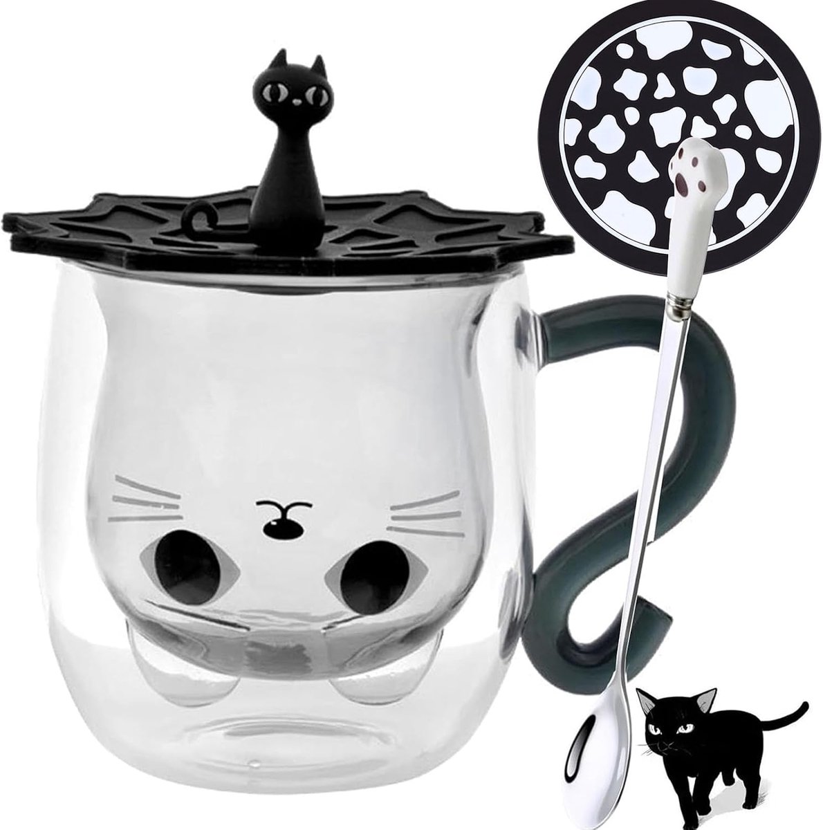 Dubbelwandige glazen Kattenmok Glas Zwart Kat met oor Koffiemok met lepel Onderzetter Koffiemok Glazen Theemok Espressokopjes