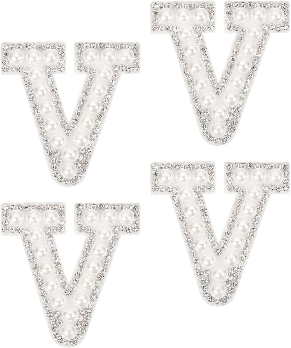 10 stuks letters van ijzer, letter V, applicatie alfabet kralen en strass Engelse letter patch voor kleding, hoed, tas, doe-het-zelf, wit