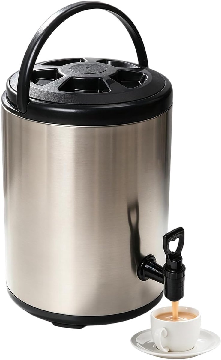 Roestvrijstalen drankdispenser, 8 liter warme en koude dubbellaagse emmer, zwart, 8 l, voor kantoor en thuis, commerciële capaciteit