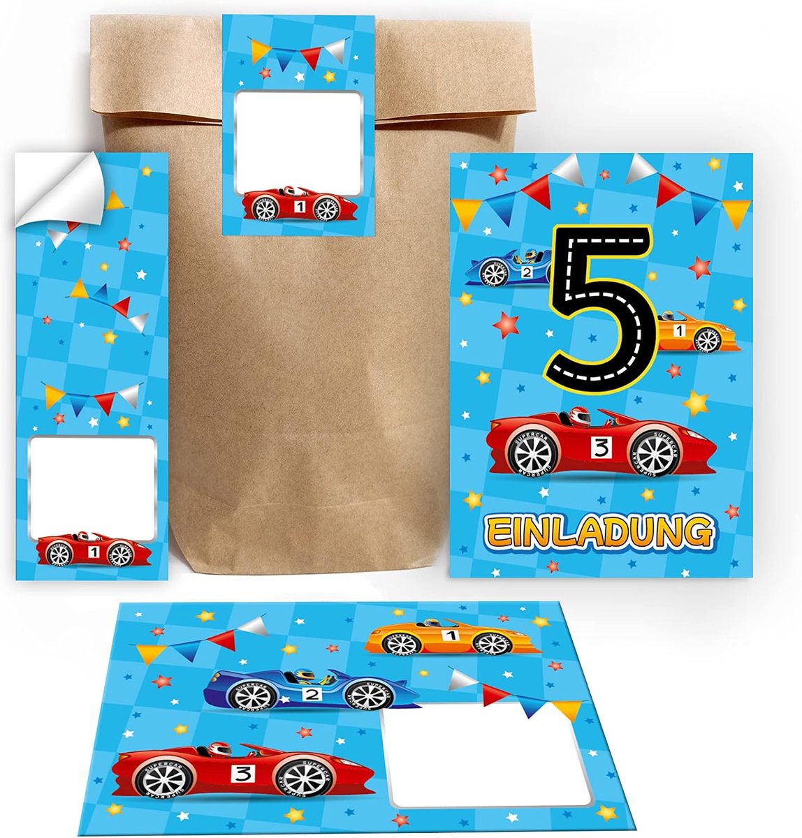 12 uitnodigingskaarten voor de 5e kinderverjaardag vijfde verjaardag jongens raceauto incl. 12 enveloppen, 12 zakken / natuur, 12 stickers