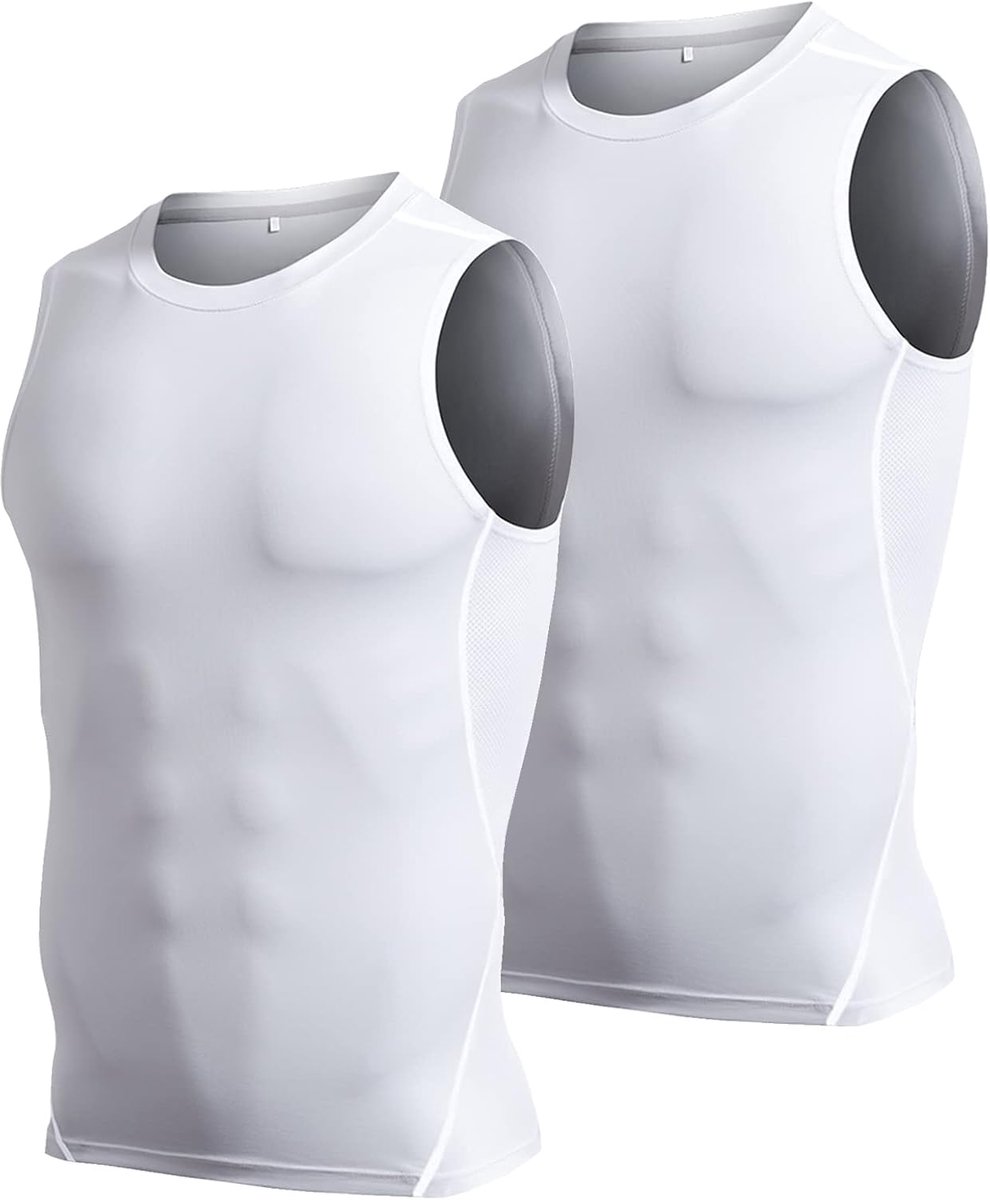 Set van 2 compressieshirt voor heren, mouwloos, ademend, tanktop, loopshirt, sportonderhemd, functioneel shirt voor mannen, wit+wit., S