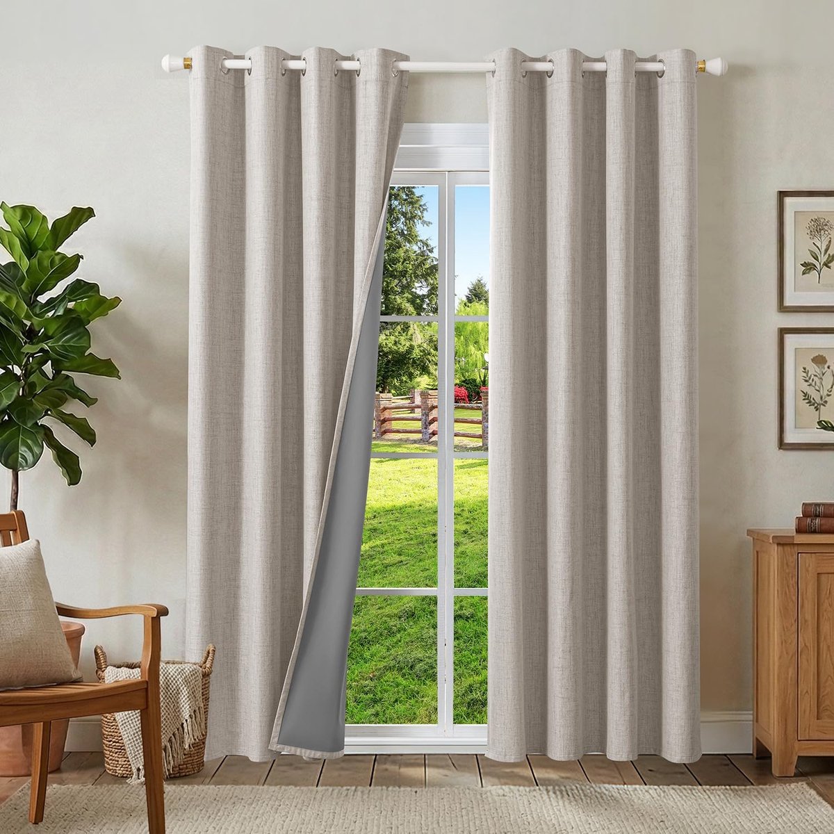 linnen, 100% verduisteringsgordijnen, set van 2, thermogordijn, hittebescherming, 230 x 120 cm (h x b), linnenlook, ondoorzichtig, grijs-wit, geluidsisolatie voor slaapkamer en
