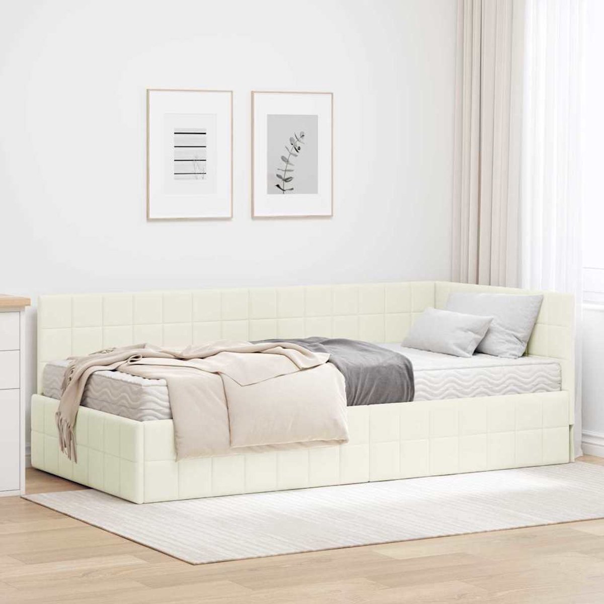 vidaXL Hoekbedframe - met - Matras - 2 - st - Crème - 90 - x - 190 - cm - Fluweel
