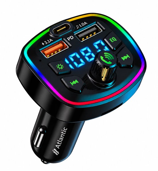 Atlantic FM Transmitter met Bluetooth, USB-C PD 20W, USB-A poorten en instelbare RGB-verlichting.