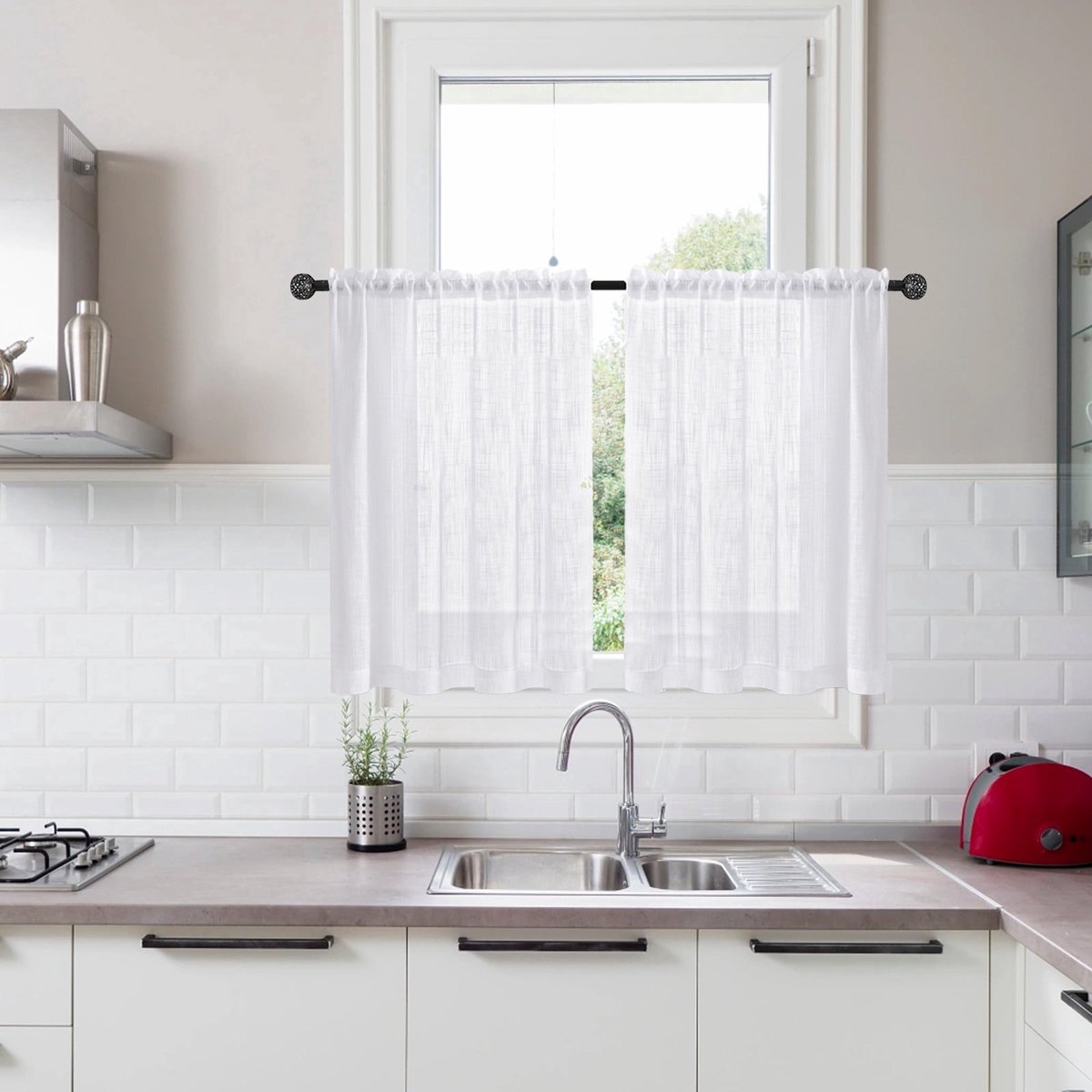 Ulisem Korte Gordijnen Vintage Stijl - Semi Transparante Gordijnen - Voor Keuken - Badkamer - Slaapkamer - Lichtdoorlatend - Wit - Set Van 2