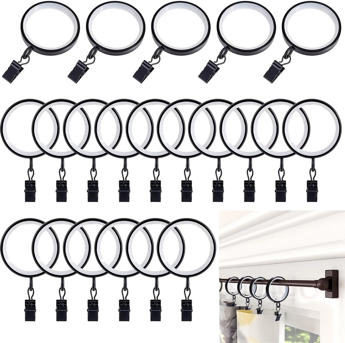 Dailygoods- Gordijnringen 24 Stuks - Zwarte Gordijnringen met Haakje - 42mm Binnendiameter - Elegant Interieur - Voor Woonkamer/Slaapkamer - Gemakkeli