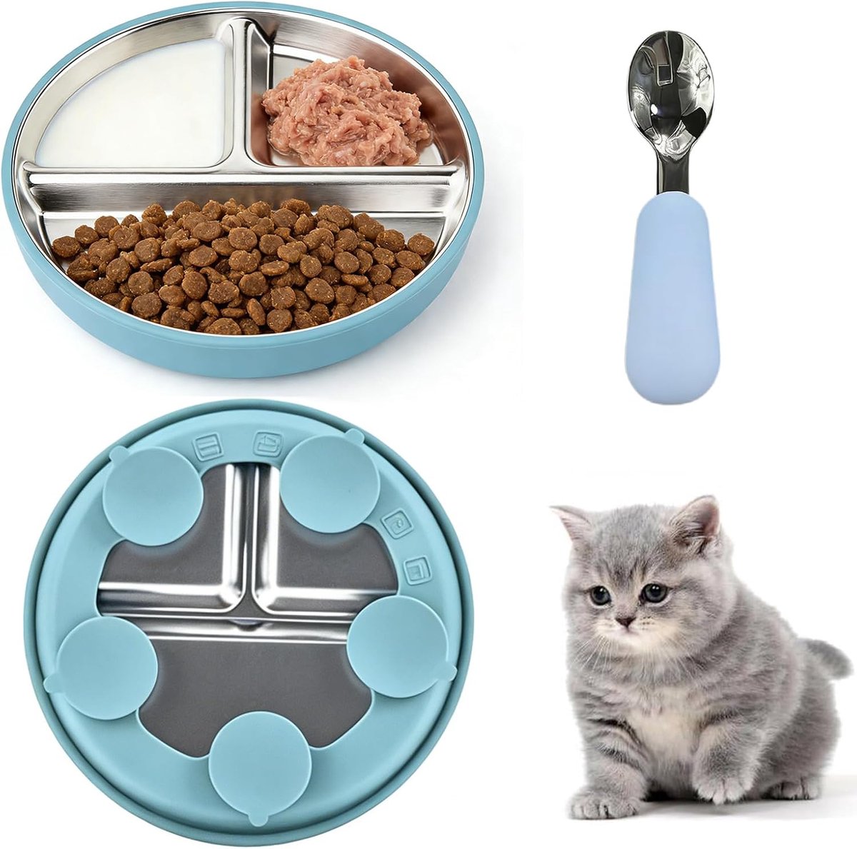 Dailygoods- Kattenbak Platte - Voerbakken Roestvrij Staal - Schep - Afneembare Siliconen Mouwen - Geschikt voor Katten/Kleine Honden - 3 Compartimente