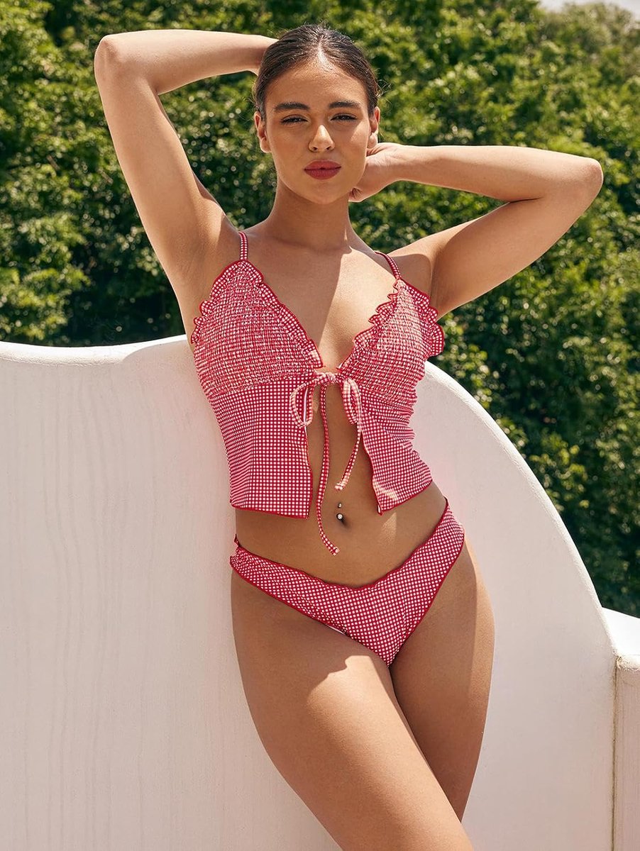 Tankini-badpakken voor dames, gesmokt, ruches, vooraan te binden, strik, gestructureerd, hoog gesneden tanga-tankini-set