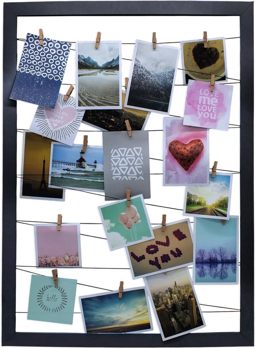 Fotohouder 75x55 cm zwart - rubberen lijn met 20 houten klemmen - fotolijst foto's lijst galerij