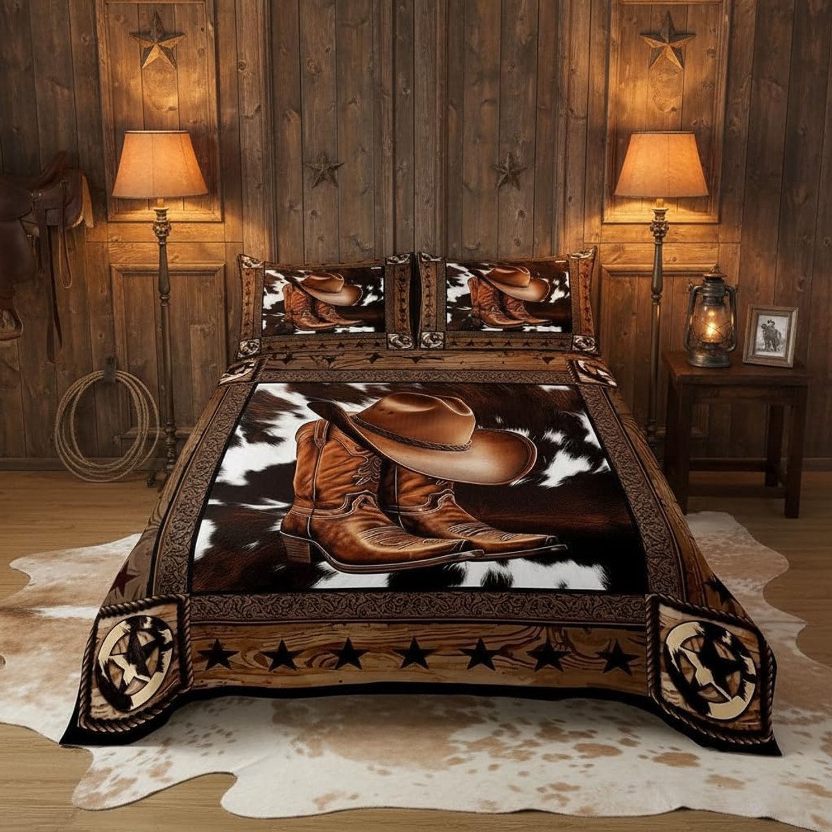 Cowboy Texas Star dekbed met 2 kussenschalen houten plank rustiek coverlet M maat koeienhuid boerderij beddengoed quilted