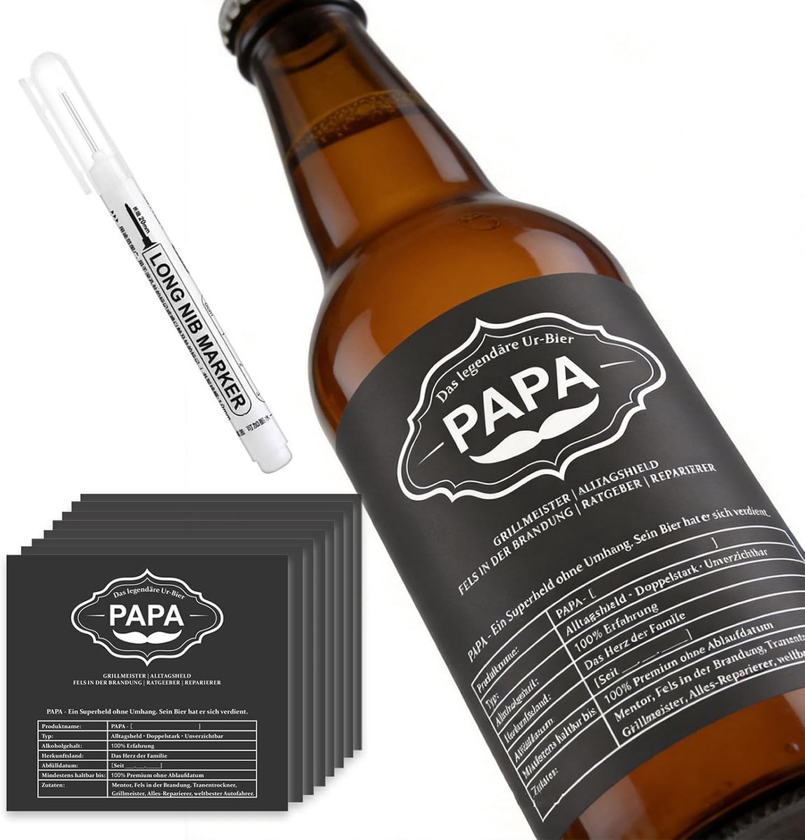 8 etiketten papa bierstickers, cadeau voor Vaderdag, biercadeau, cadeau-idee voor Vaderdag, roze feest, cadeau voor de beste papa, inclusief pennen