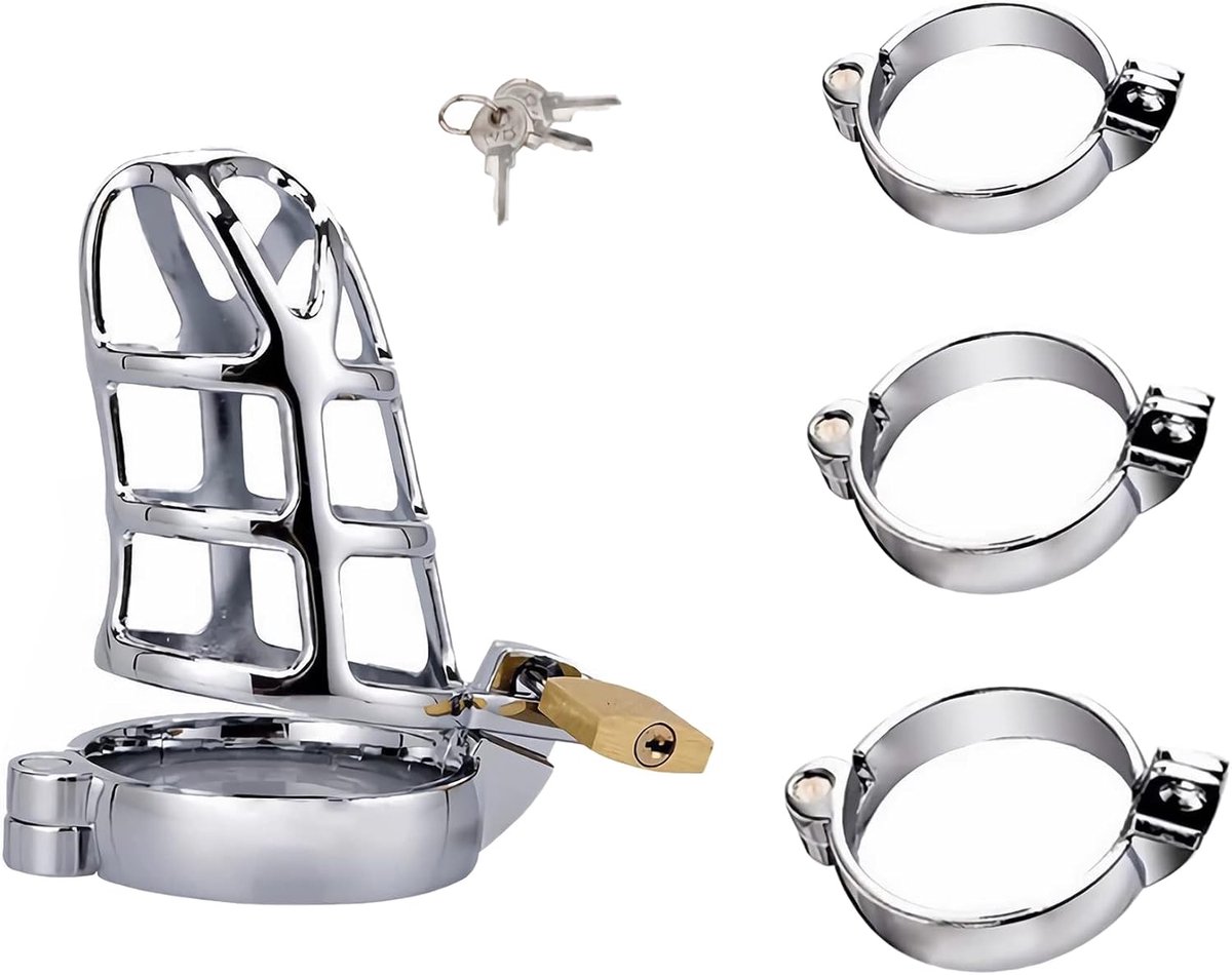 Chastity Cage with 3 Penis Ring in Different Sizes, Chastity Devices Male Metal Silver Vented Cage Locked Cage BDSM Bondage Sex Toy for Men (Full set)