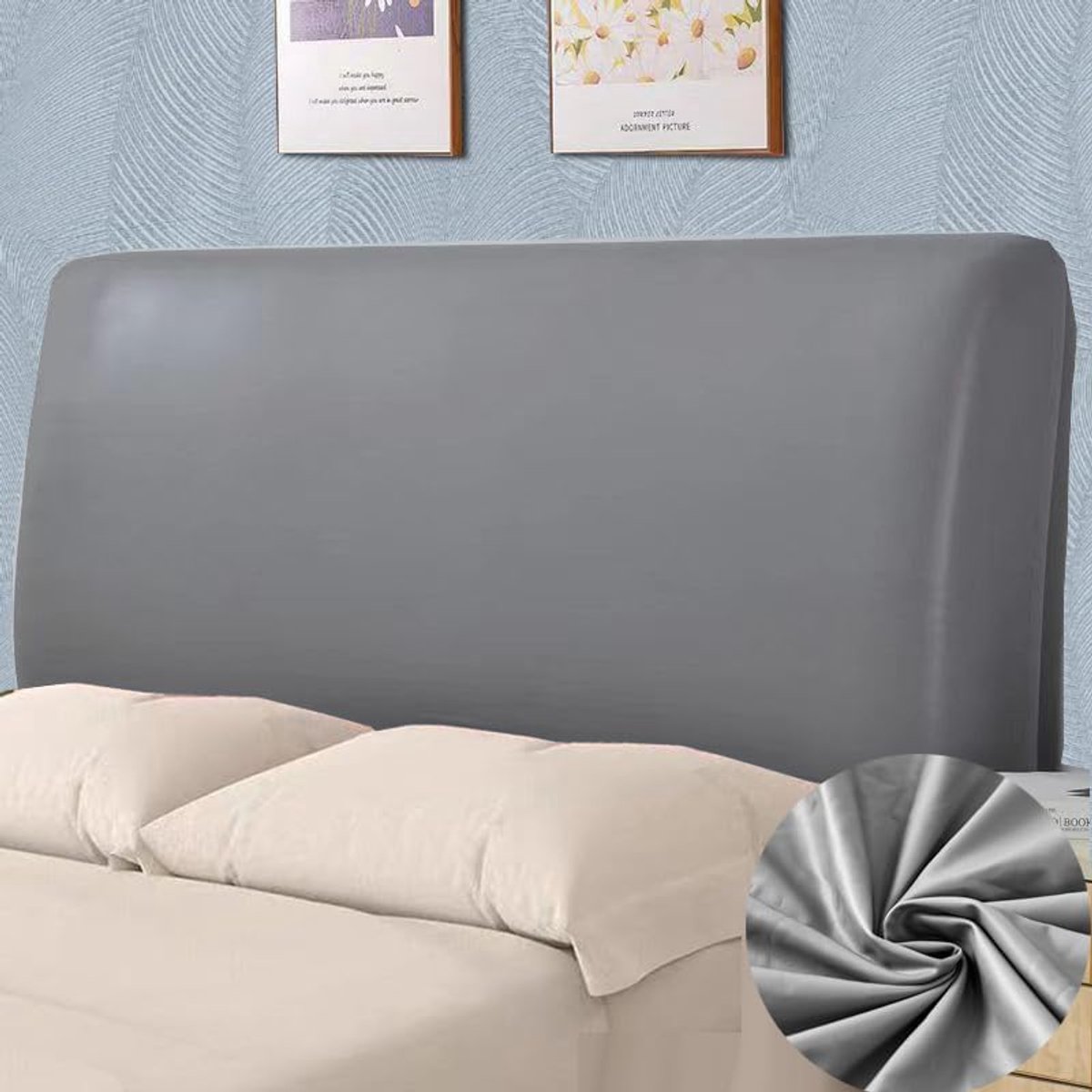 Waterdicht, stofdicht, PU-leer, rondom elastische beschermhoes voor kingsize, tweepersoonsbed, volledig hoofdeinde (grijs, 200 cm / voor hoofdeinde van 190-210 cm)