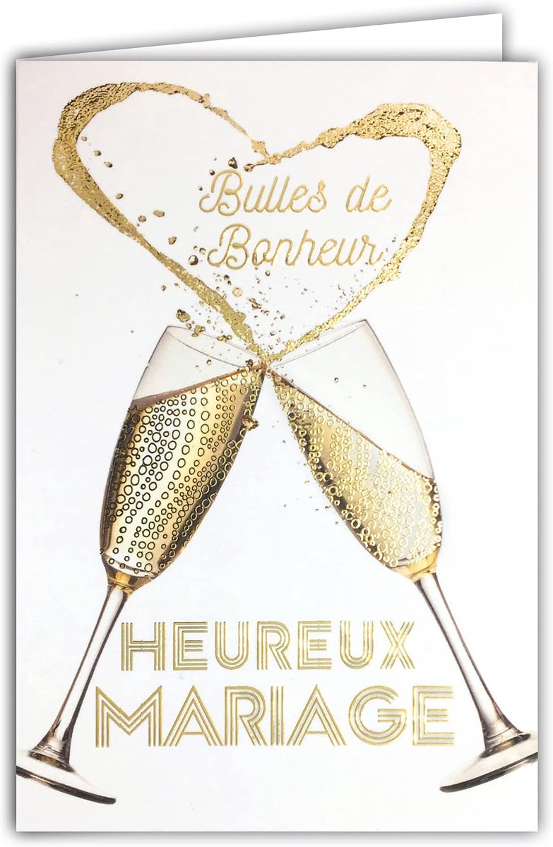 Wenskaart voor bruiloft (63-1155), 2 champagnefluiten, champagnehart in hartvorm, glanzend, met enveloppen, gemaakt in Frankrijk