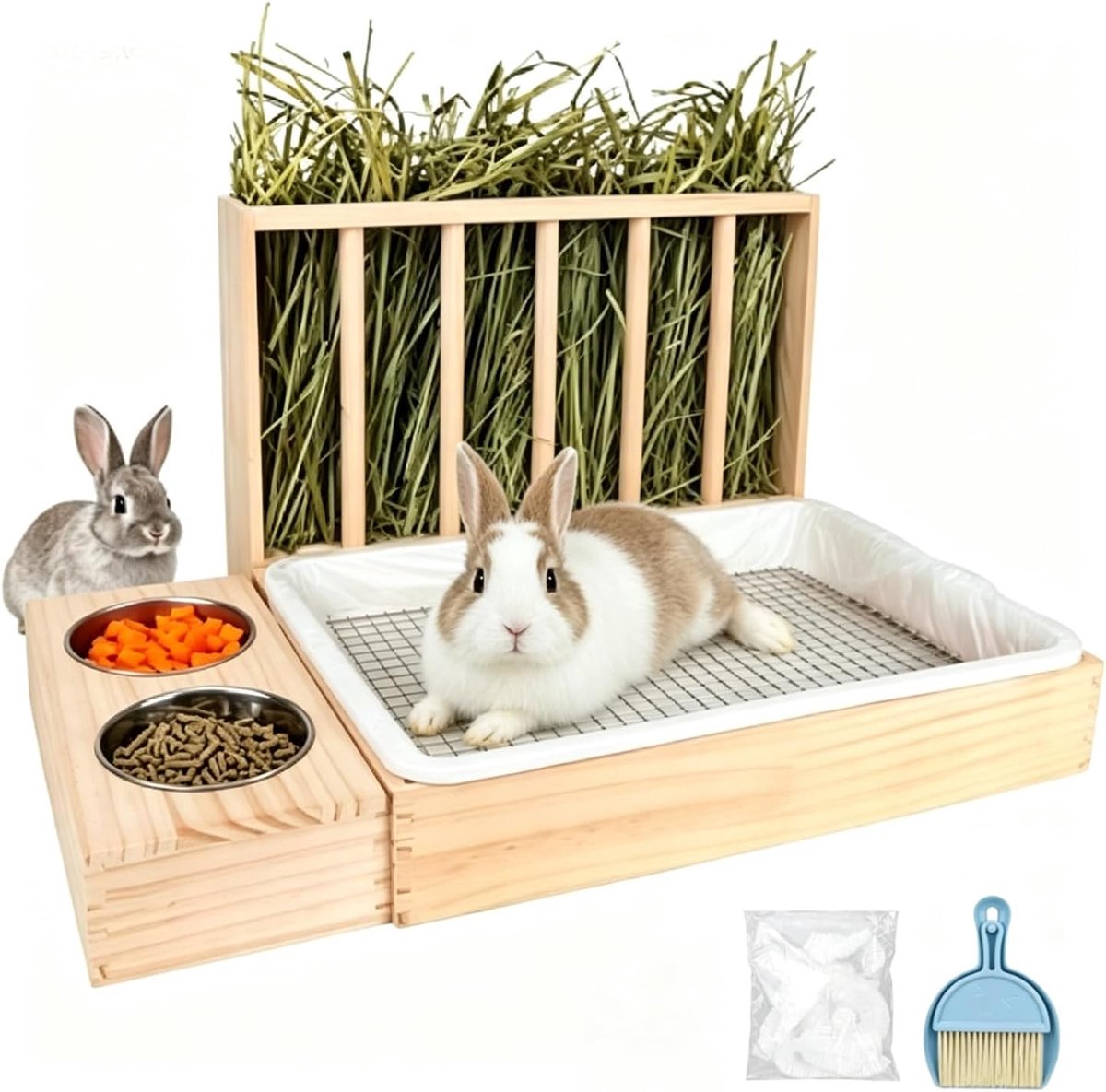 Konijn, 3-in-1 design, 2 voerbakken, trainingsmat voor konijnen, cavia's, chinchilla's en kleine dieren, snelle reiniging, grote capaciteit, voorkomt verspilling
