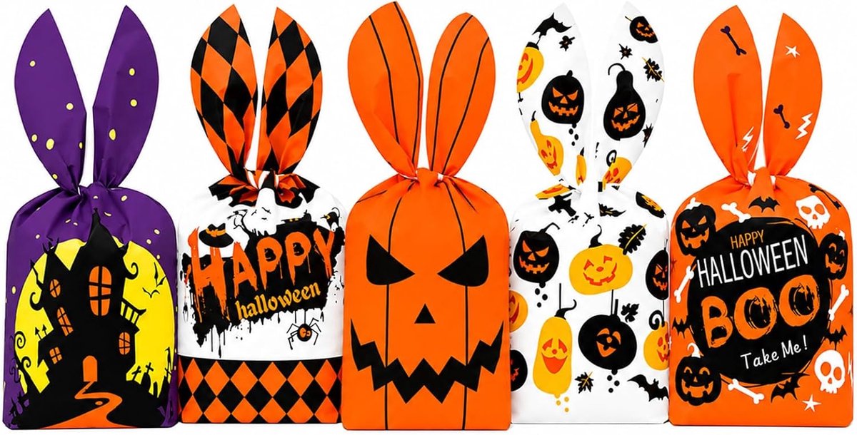 100 Halloween snoepzakjes met hazenoren, 5 designs, 14 × 23 cm, van polypropyleen, cadeauzakjes voor feestjes, snacks en decoratieaccessoires