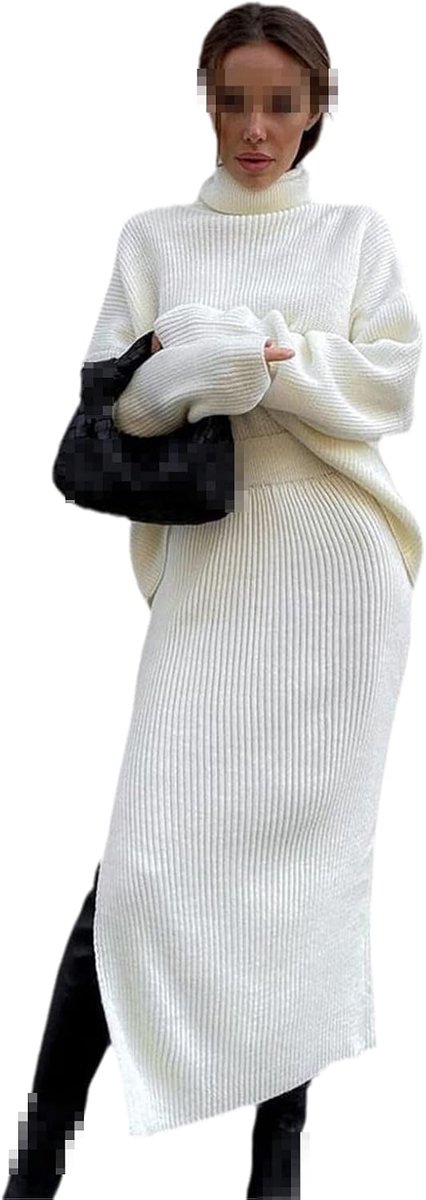 Rokken pakken gebreide coltrui losse trui + breien zijsplit rok 2-delige sets, Beige, one size