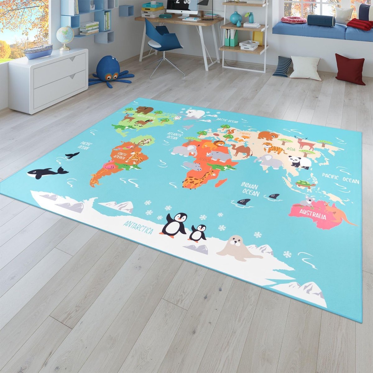 Home Vloerkleed voor de kinderkamer, Speelvloerkleed voor kinderkamers, Wereldkaart Met Dieren, In Groen, Maat:120x160 cm