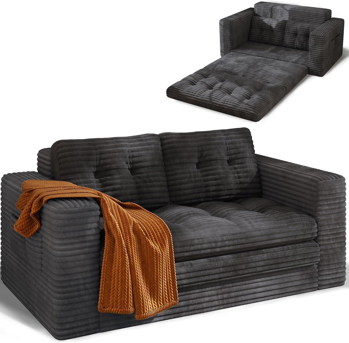 Slaapbank, 2-zits, uitklapbaar, 3-in-1, gecomprimeerde bank voor woonkamer, corduroy, 150 x 86 x 75 cm, zwart