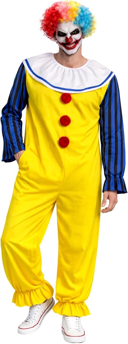 Clown kostuum heren compleet clown pak met pruik geel comfortabel verkleedkostuum voor carnaval halloween eng en grappig themafeest - Maat S t/m XL