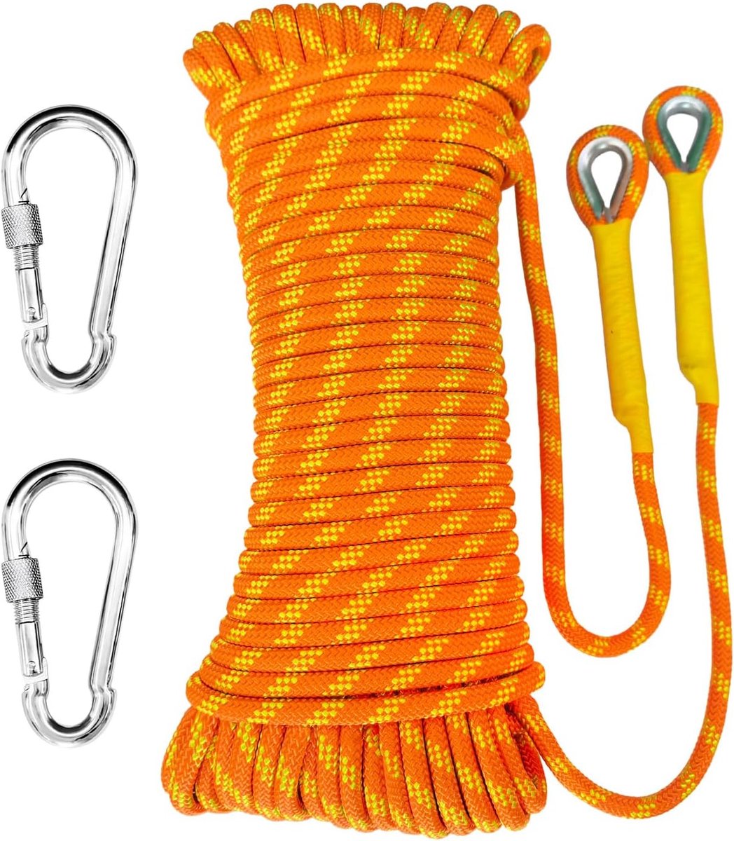 70m Statisch Touw 10mm Outdoor Bergbeklimmen Touw met 2 Stalen Haken Heavy Duty Voor Reddingsboten Parachutes Wandelen Camping UIAA Certificering Fluorescent Oranje