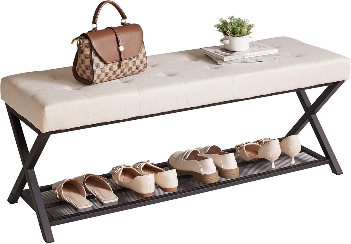 YD-JD160W Schoenenbank, 113 cm, met planken van draadgaas, gestoffeerd, met linnen bekleding, entreebank voor slaapkamer, entree en woonkamer, beige linnen