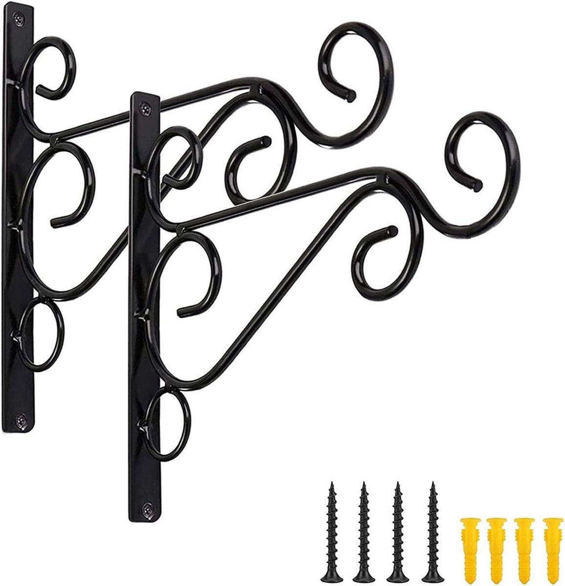 2 stuks hangende plantenhangers voor buiten, 30 x 19 x 2 cm, wandmontage, zwart, ijzeren beugelhaken, zware omheining, veranda, tuindecoratie voor bloemen, lantaarns, windgong feeders (2, 30