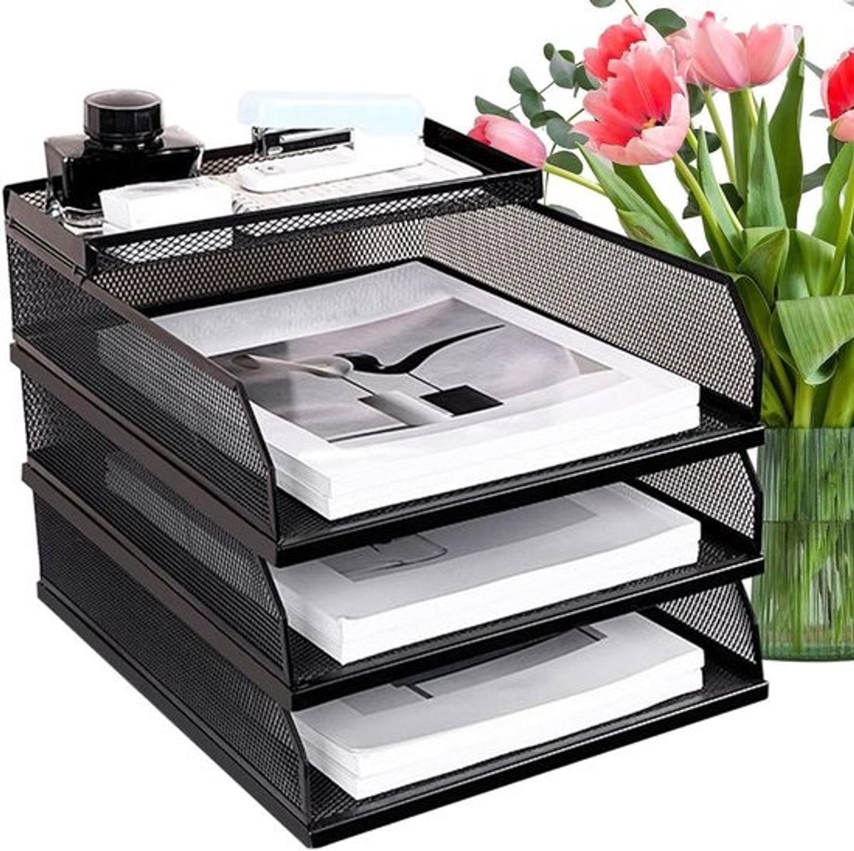 Bureau Organizer - Documentenhouder Papierrek - Kantoor Organiseren - Ademend Metalen Mesh - 18x27x18 cm - Zwart