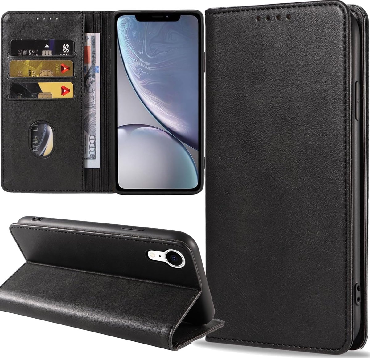Telefoonhoesje voor iPhone XR, leren beschermhoes, standfunctie, kaartenvak, portefeuille, klaphoes, iPhone XR, flipcase, zwart