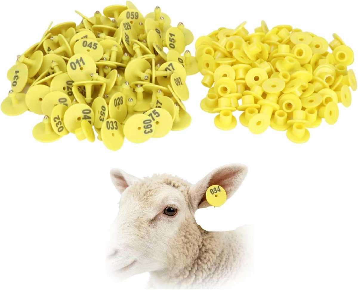 Oormerken van vee, 001-100 genummerde oormerken, plastic oormerken voor vee, schapen, vee, kalf, varken, ronde dieridentificatiekaart, boerderij, vee, accessoire, geel
