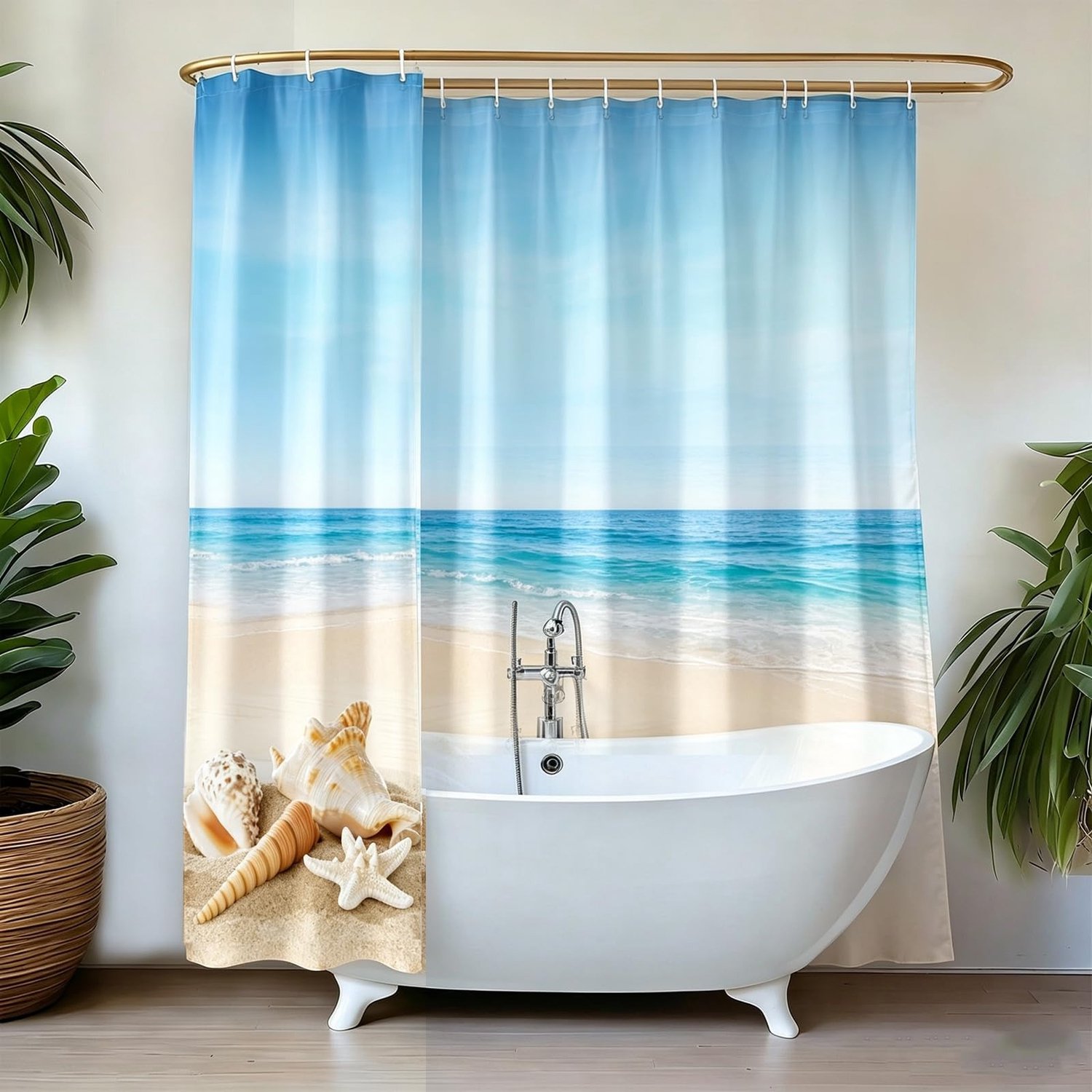 Famanu – Douchegordijn met zee- en stranddesign, 240 x 200 cm, wasbaar, met metalen oogjes