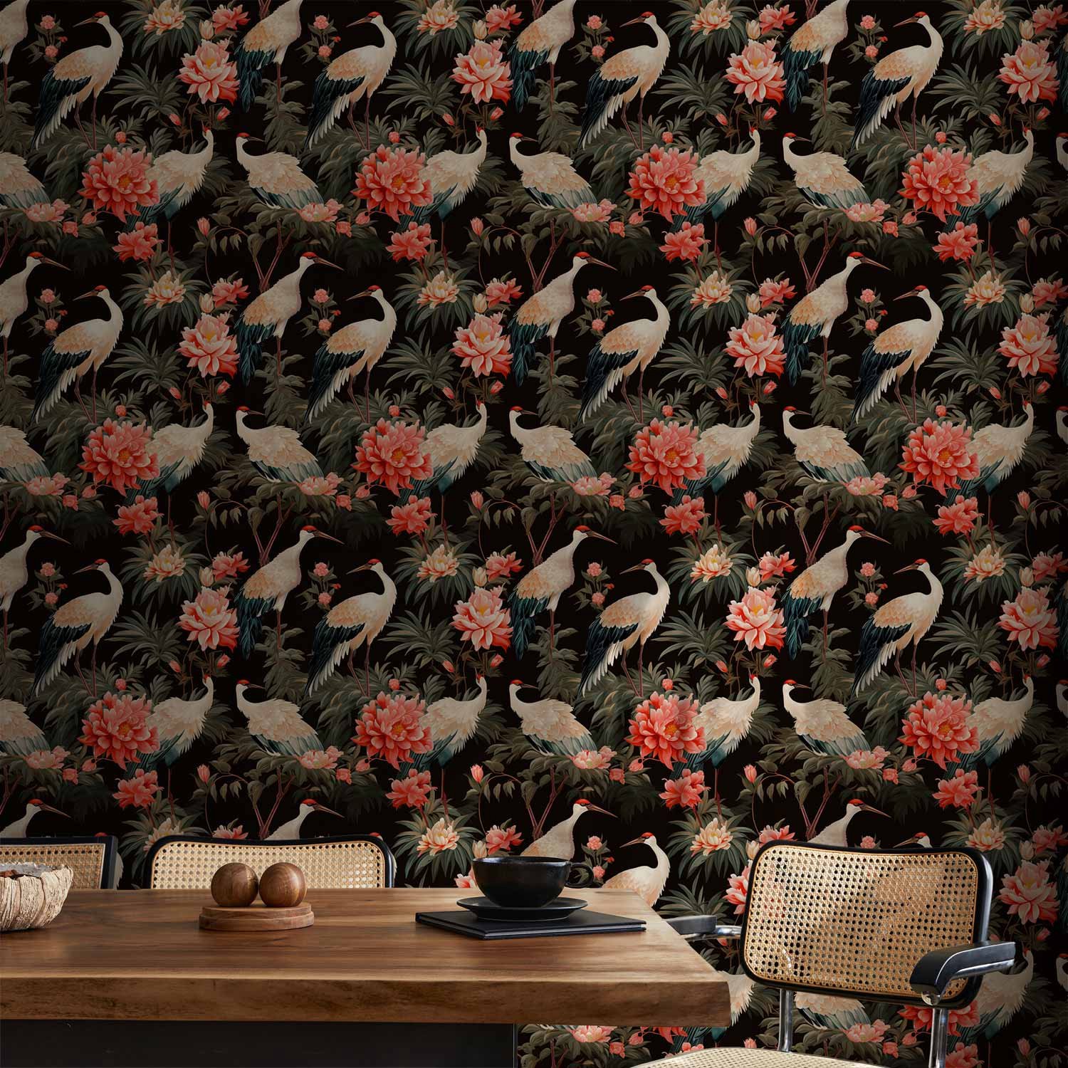 Behang - Ornament with birds - silhouettes of cranes and peony flowers on a dark background