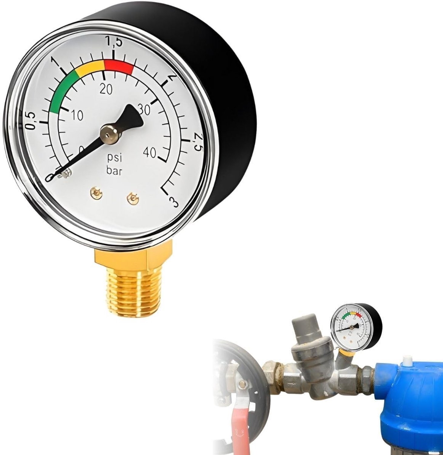Drukmeter 0-3 bar voor water en gas, 1/4 BSPT aansluiting, duurzame manometer voor zwembad, vijver en zandfilter systeem met hoge nauwkeurigheid en weerbestendige constructie