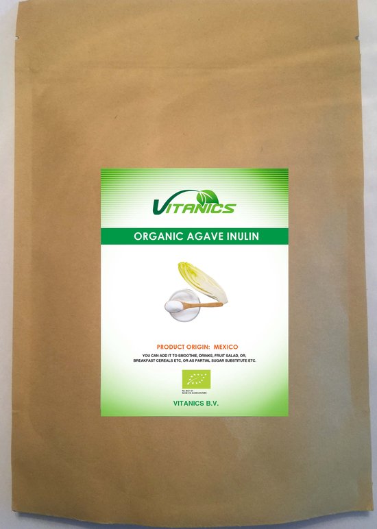 Bruine zak met Vitanics Organische Agave Inuline. Product oorsprong: Mexico. NL-BIO-01 NON-EU AGRICULTURE.
