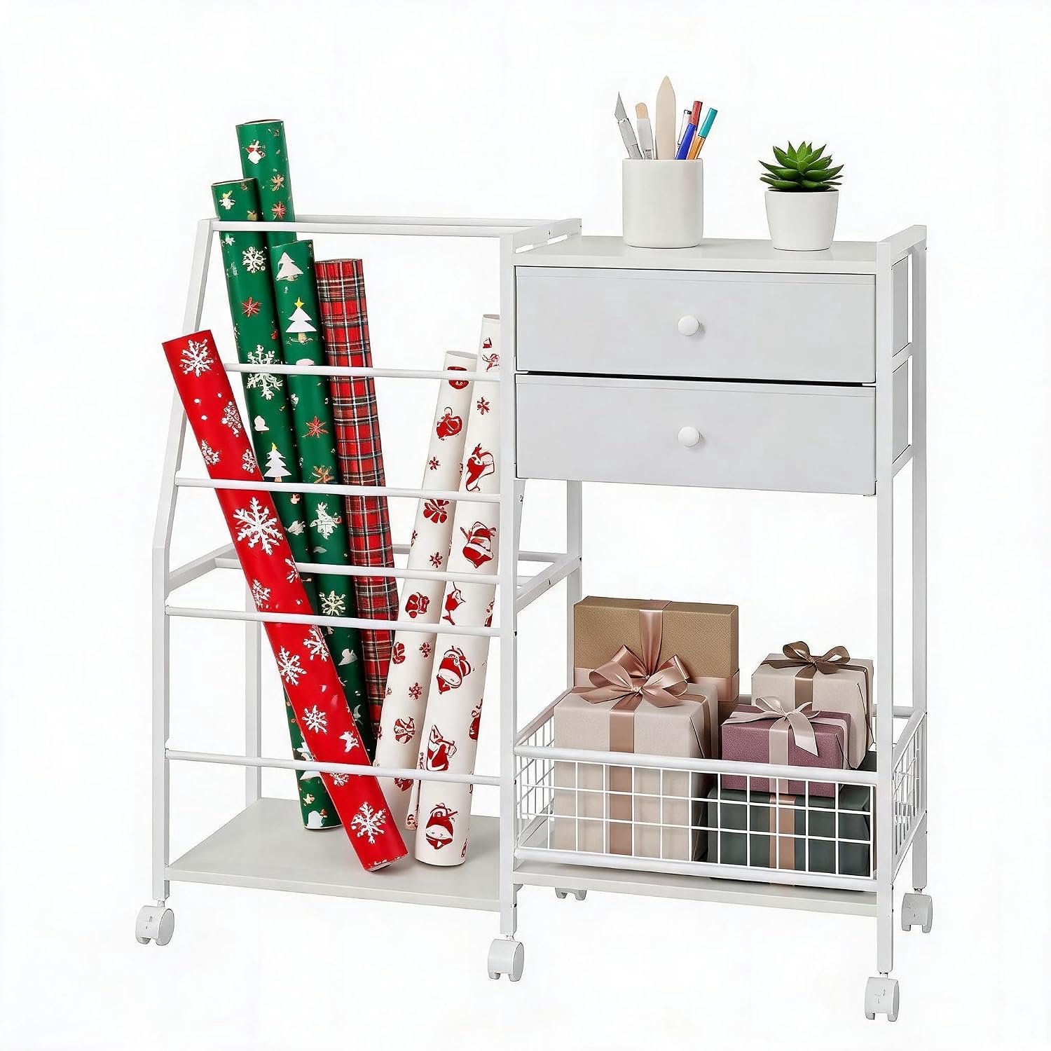 Inpakpapier Opbergwagen met 2 Lades - Hobby Craft Trolley Wit