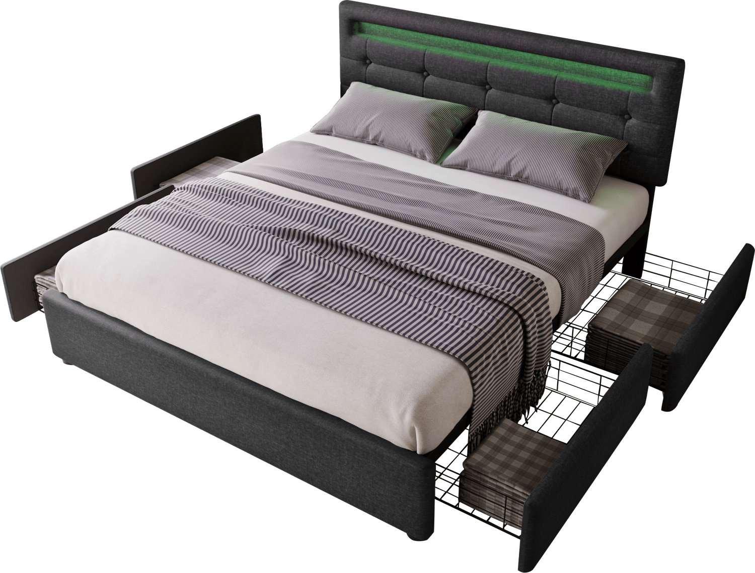 Tweepersoonsbed 140x200 cm - Bedframe Met Vier Opberglades - Houten Lattenbodem En LED-Hoofdbord - Zwart Gestoffeerd Bed Zonder Matras