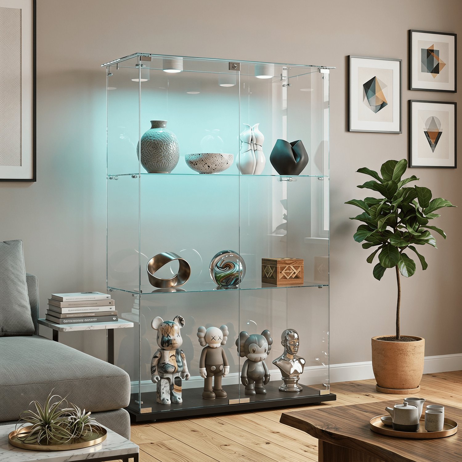 Glazen vitrinekast - Verzamelkast met LED-verlichting - 3 Planken en 2 Deuren - 78 x 35 x 123 cm - Standvitrine en slot - Zwart
