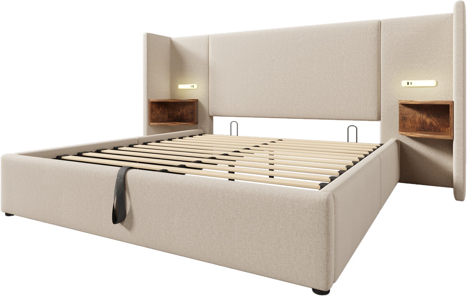 Tweepersoonsbed 160x200 - Gestoffeerd Bed In Beige Linnen - Hydraulische Opbergruimte - Met Leeslamp, USB-C En Matras