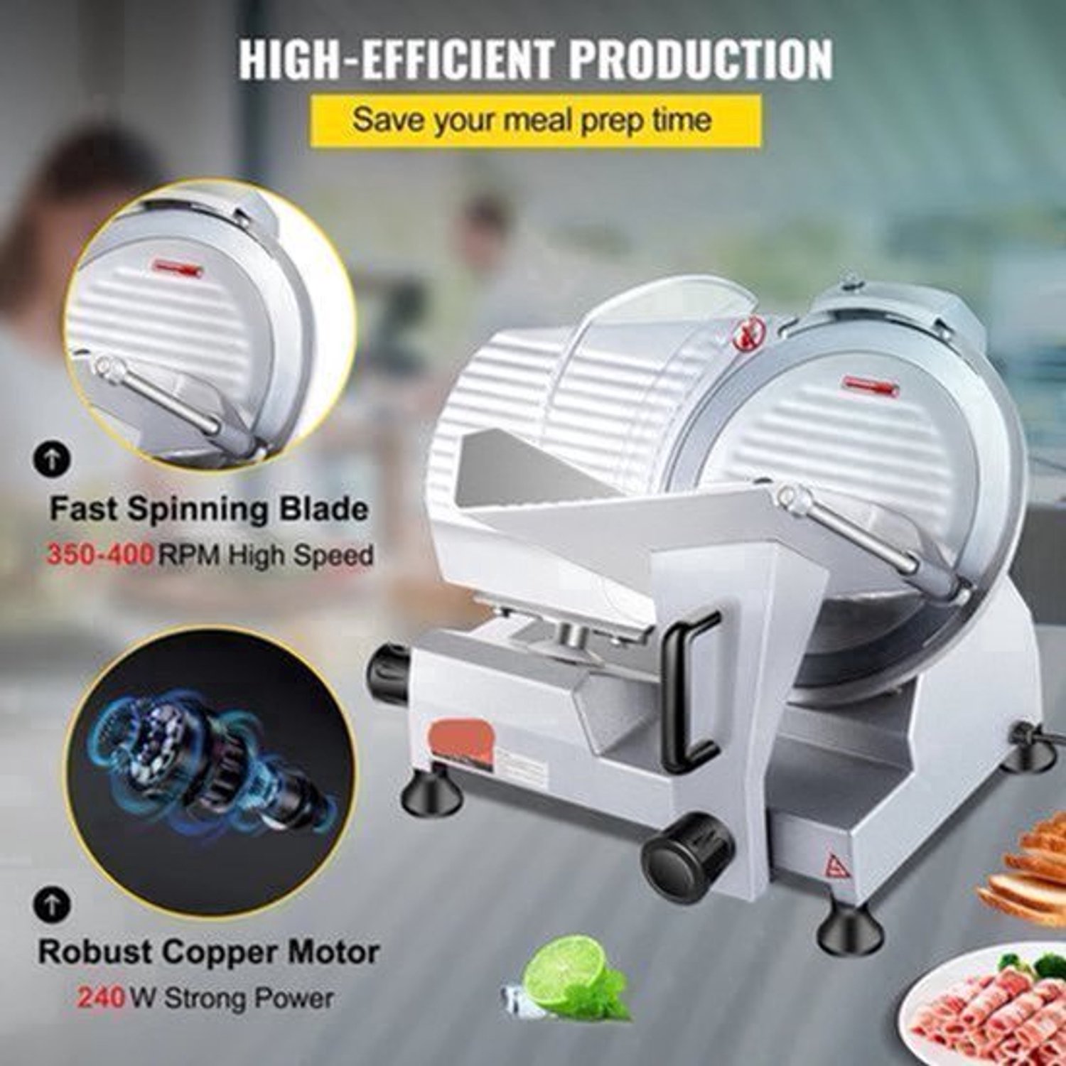 Vleessnijmachine - Snijmachine - Elektrische - 240W - Commerciële - met 10" Stalen Mes en 350-400 RPM Snelheid