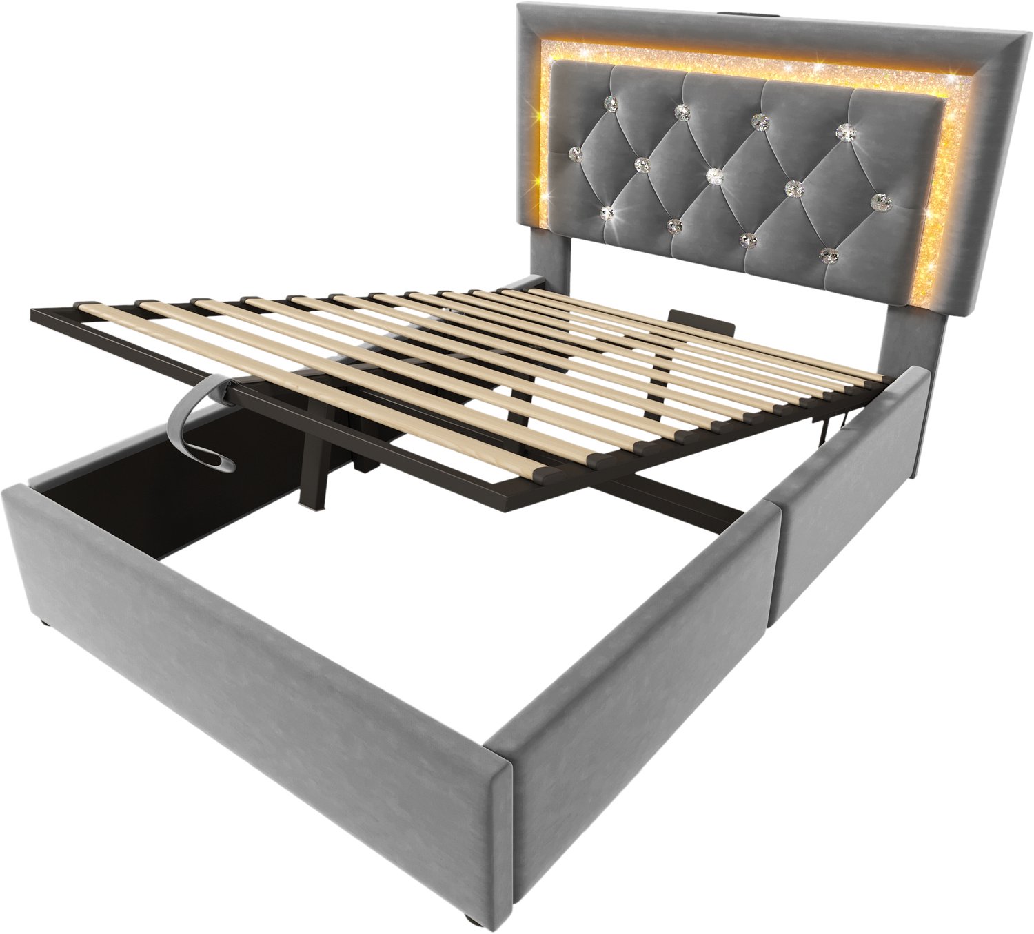 Eenpersoonsbed 90x200 cm Met Matras - Grijs Fluweel - Hydraulische Opbergruimte - Hoofdbord Met LED, USB En USB-C - Lattenbodem