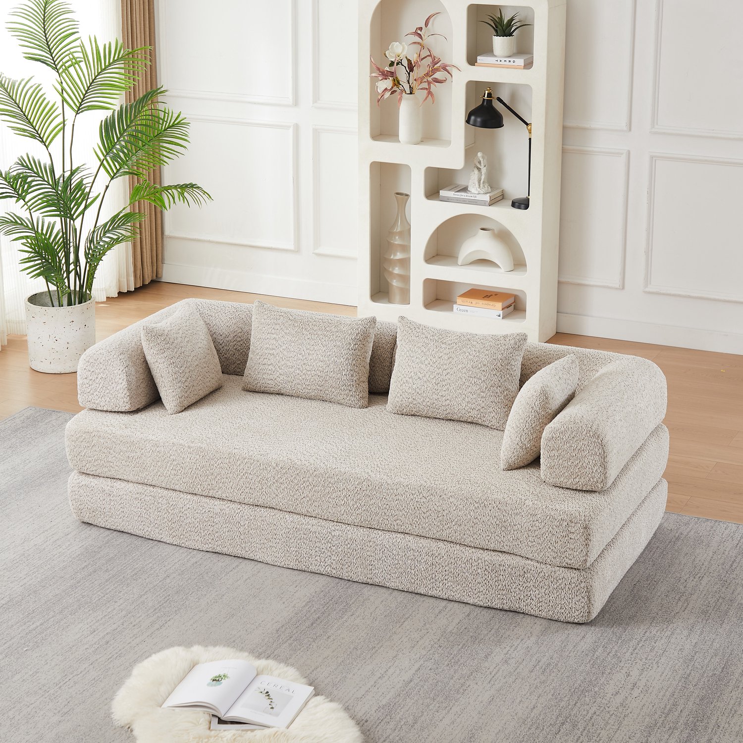 VVBV Slaapbank – Slaapfunctie, Geen Montage, Huisdiervriendelijk, Antislip, Modulair, 4-in-1, 4 Kussens – Gebogen Rugleuning – Chenille – Beige