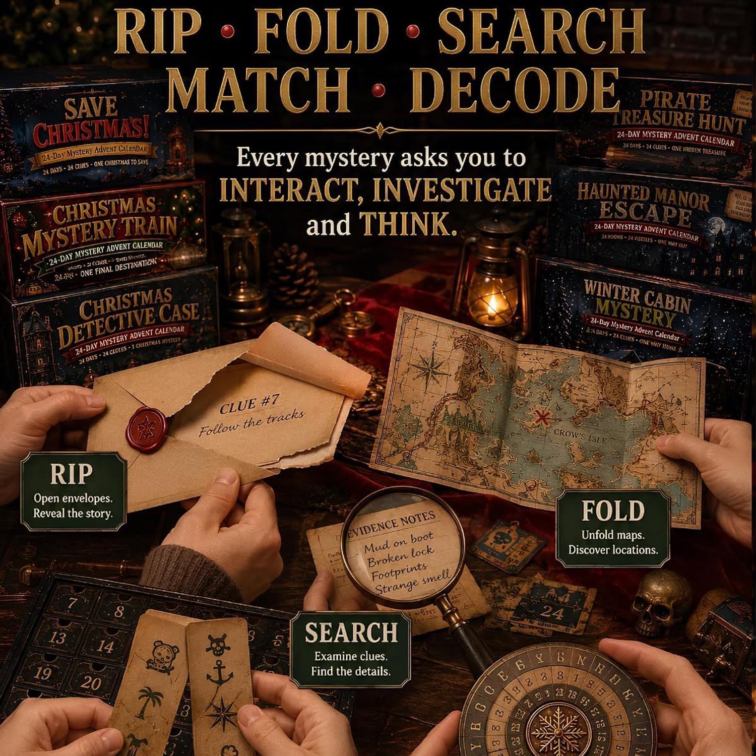 Mysterie Adventskalender 2026 - 24 Dagen Escape-room Puzzels - 6 Verhaalthema's - Dagelijkse Verrassing - Uniek Aftelavontuur - Perfect voor Volwassenen & Kinderen - Complete Set - Spannend & Uitdagend - Zumolir® – foto 2