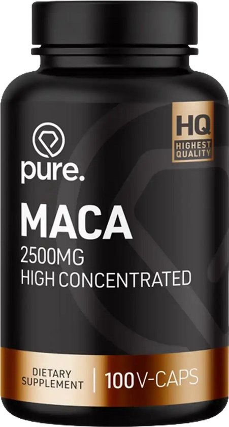 Zwarte pot met Pure Maca supplement, 2500mg, 100 V-caps met gouden accenten.