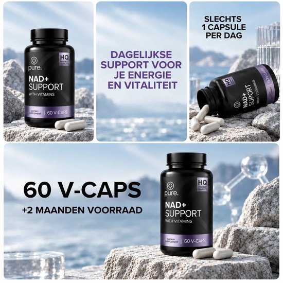 Collage met Pure. NAD+ Support flessen, 60 vegan capsules voor 2 maanden voorraad, tekst over energie en vitaliteit.