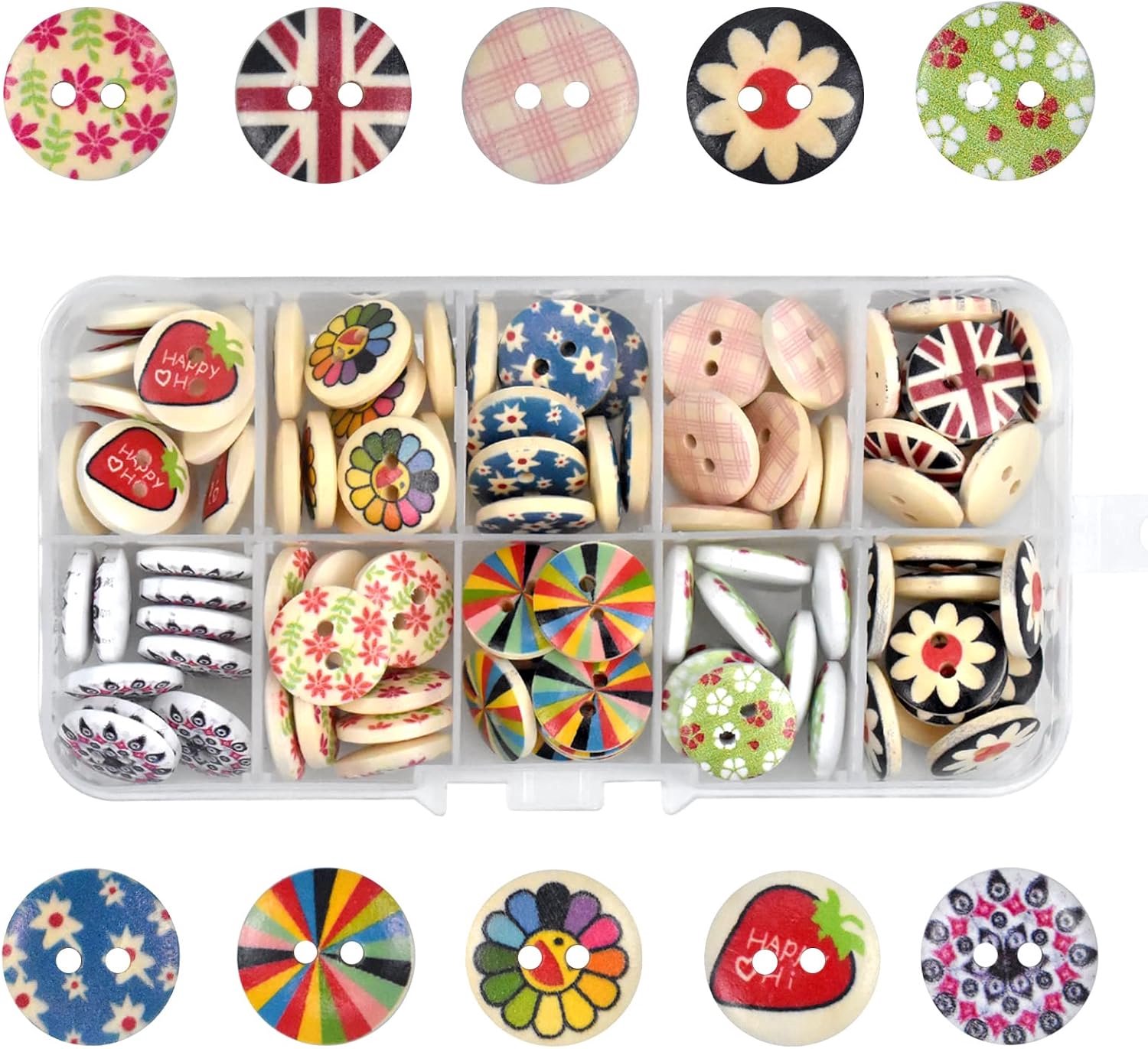 100 Houten Knopen, 10 Designs, 2 Gaten, 15 mm, DIY Naaien & Knutselen