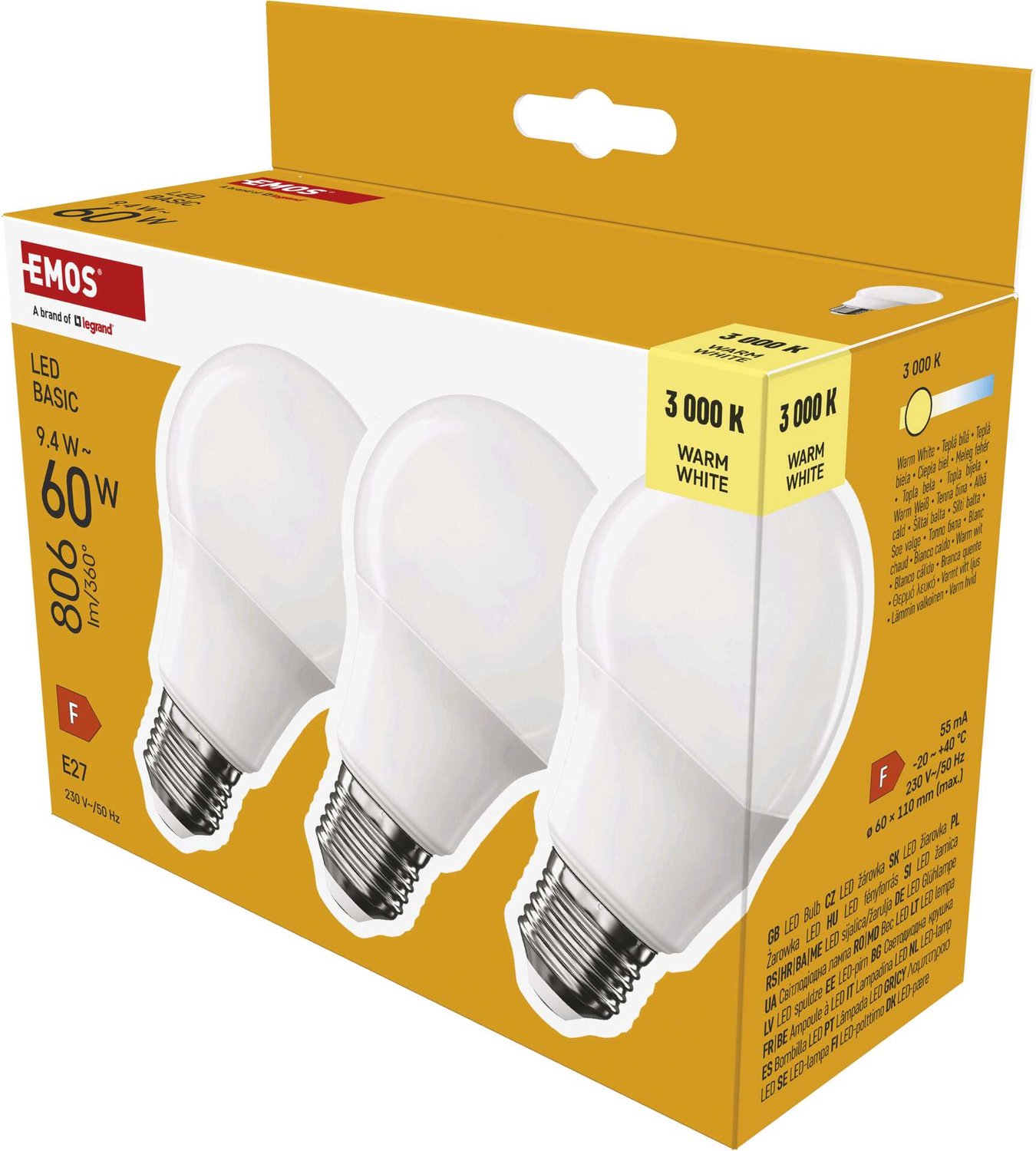 EMOS LED-lamp Basic A60 / E27 / 9,4 W (60 W) / 806 lm / warm wit / 3 stuks, ZL5F42.3