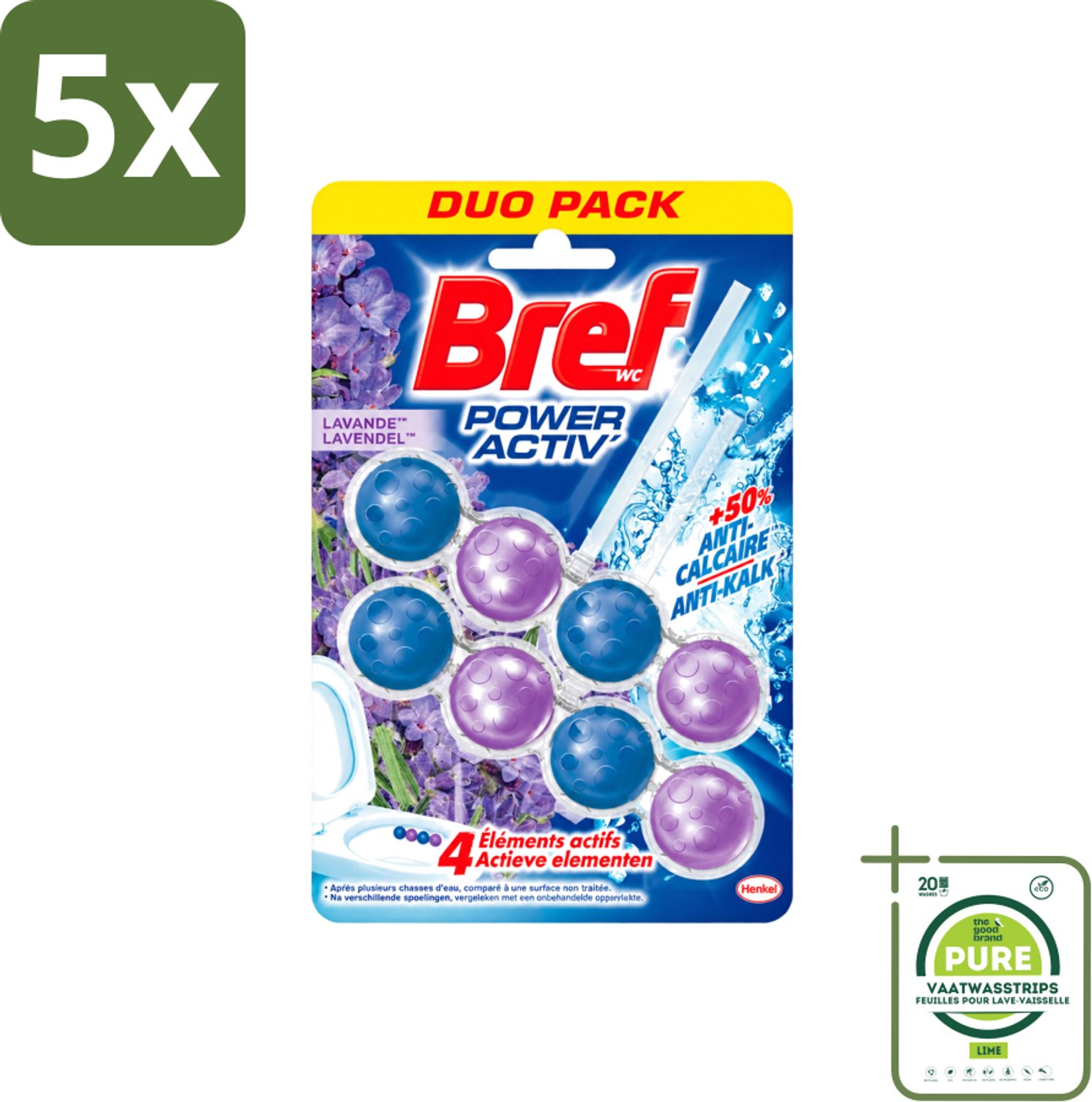 5 x Bref - Toiletblok - Lavender - Grootverpakking - Vaatwasstrips - Toiletblok Lavender - Reiniging Toilet - Frisse Geur Toilet - Kalkaanslag Voorkomen - Paars Water Toilet