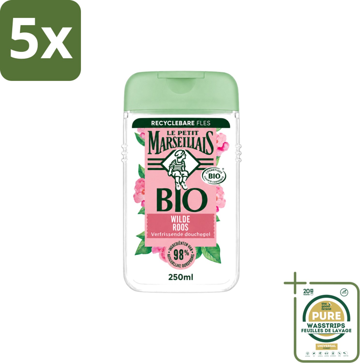5 x Le Petit Marseillais – Douchegel – Bio Wilde Roos – Verfrissend – 250 ml - Wasstrips - Douchegel - Bio Rozenbottel - Frisse Douchegel - Natuurlijke Douchegel - Bio Douchegel